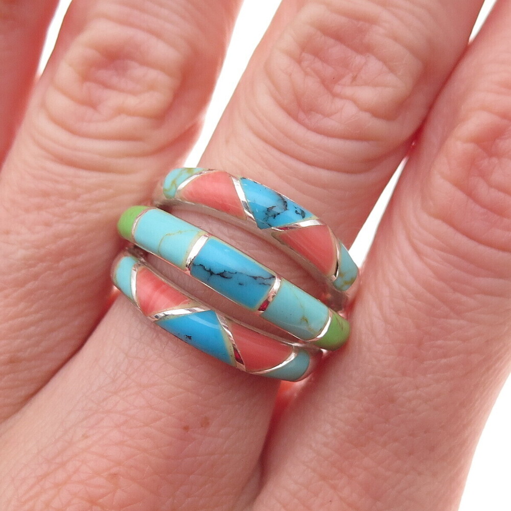 Chapal Zenray 925 Sterling Silver Vintage Real Turquoise & Coral Ring Size 7